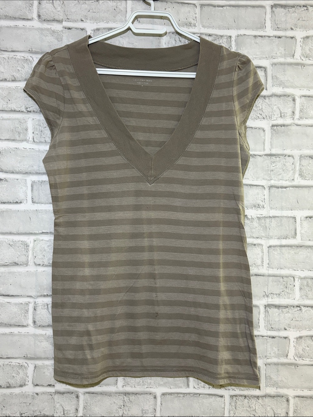 Calvin Klein Jeans Taupe Striped V-Neck Cap Sleeve Top, medium